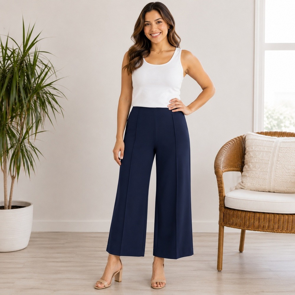 Chicos Navy Blue‎ Pull On Wide Leg Pintuck Trousers Pants Womens Size 1 US 8